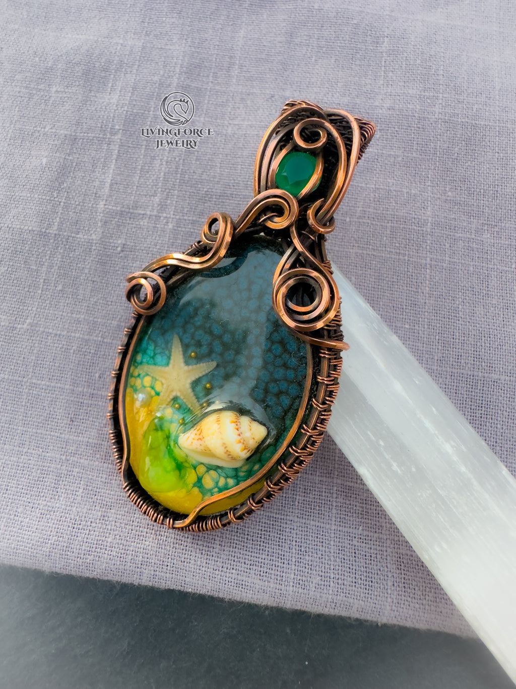 Deniz Talisman, Epoxy Resin & Green Onyx Pendant
