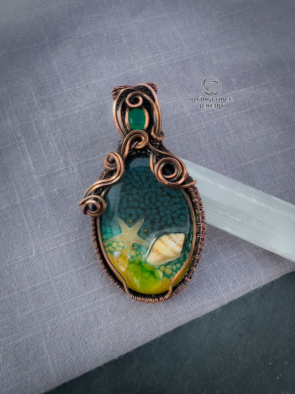 Deniz Talisman, Epoxy Resin & Green Onyx Pendant
