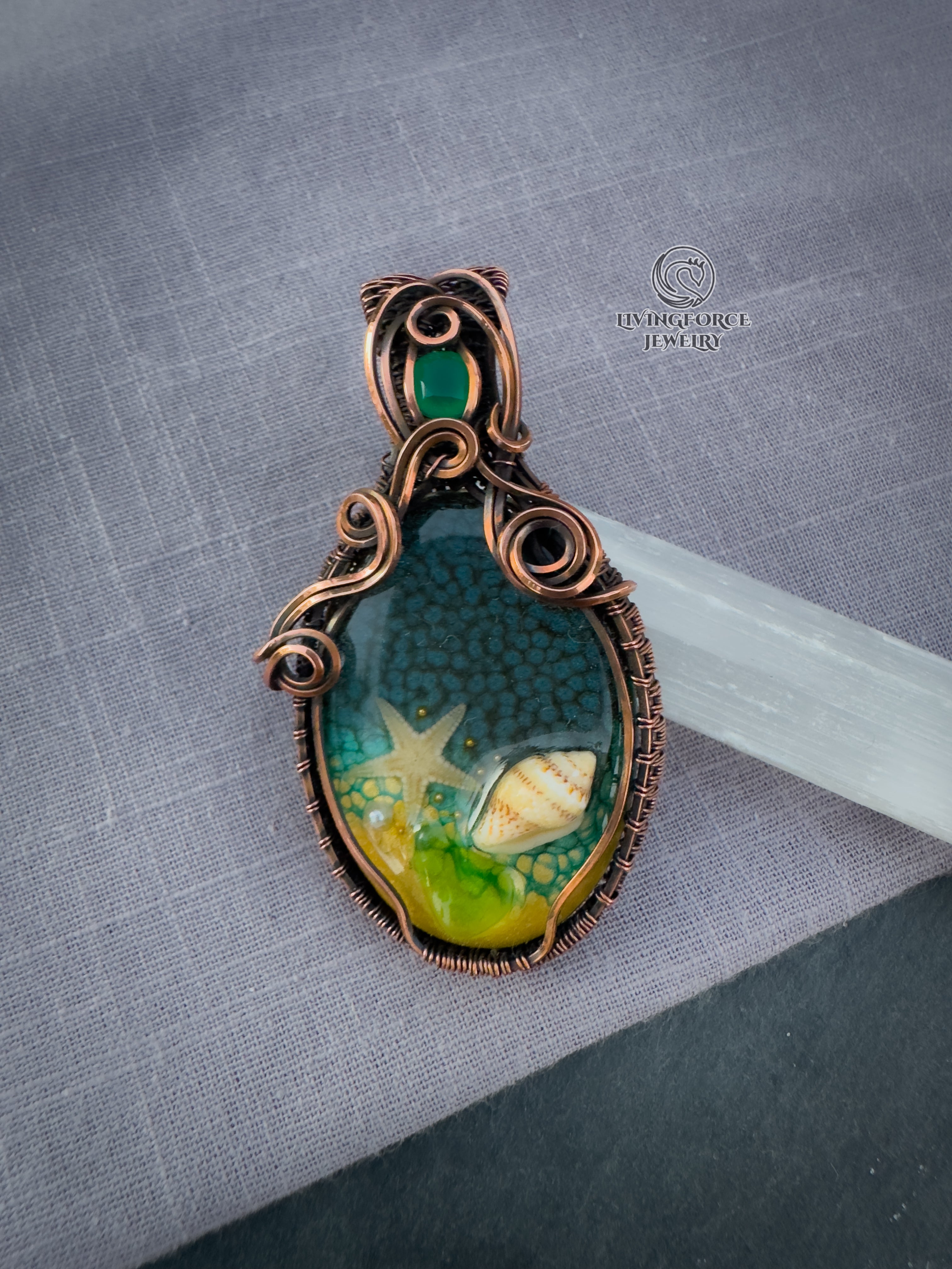 Deniz Talisman, Epoxy Resin & Green Onyx Pendant