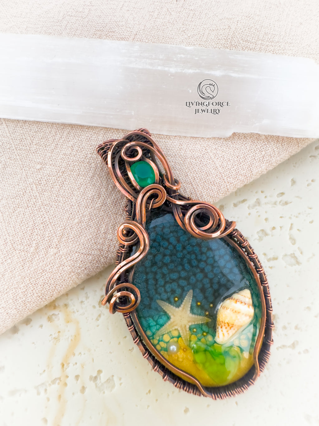 Deniz Talisman, Epoxy Resin & Green Onyx Pendant