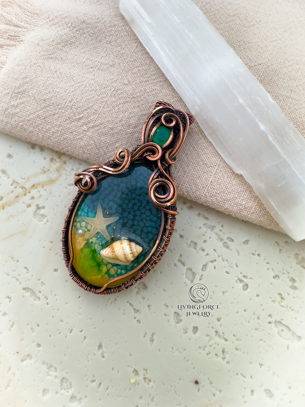 Deniz Talisman, Epoxy Resin & Green Onyx Pendant