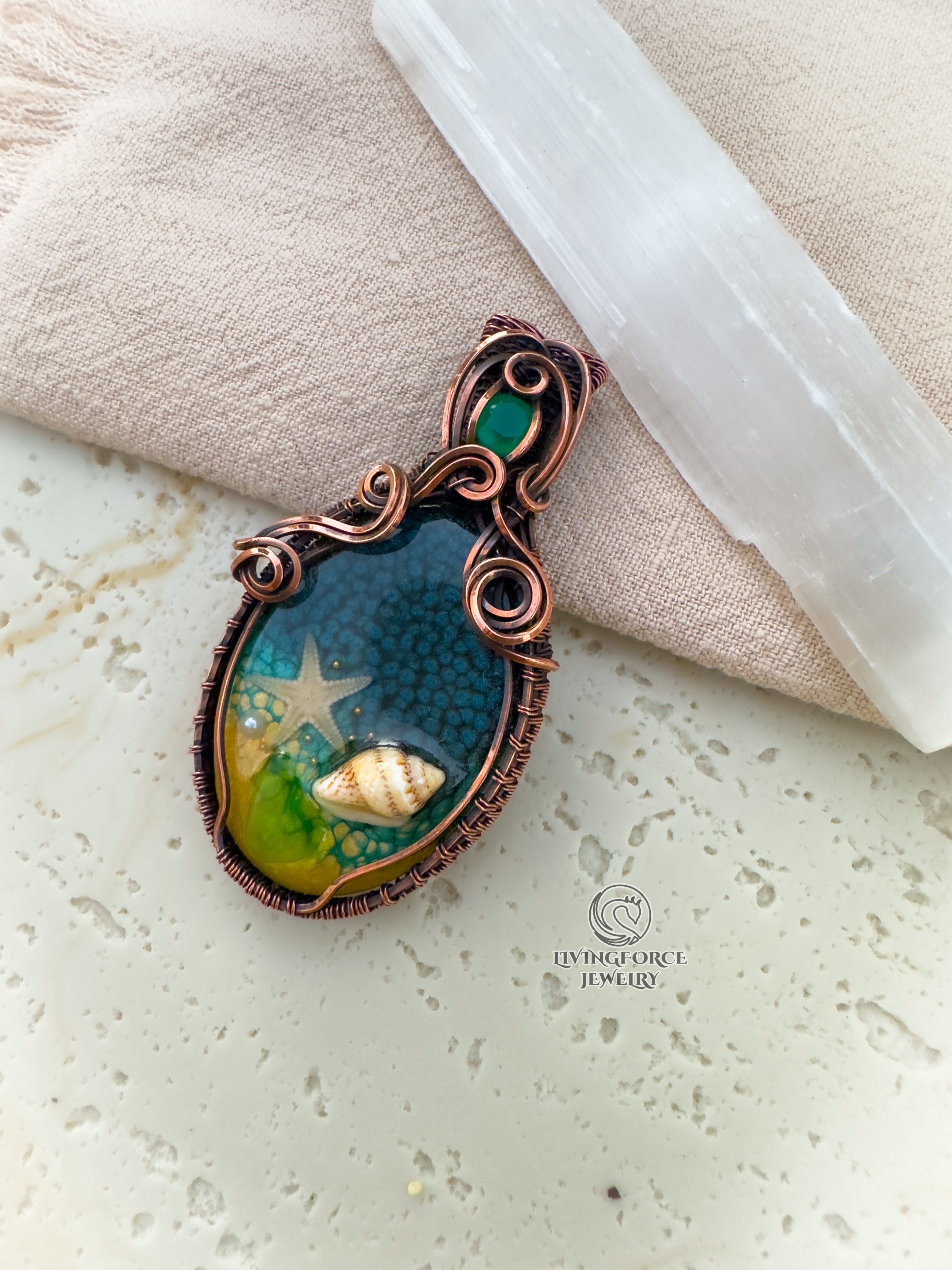Deniz Talisman, Epoxy Resin & Green Onyx Pendant