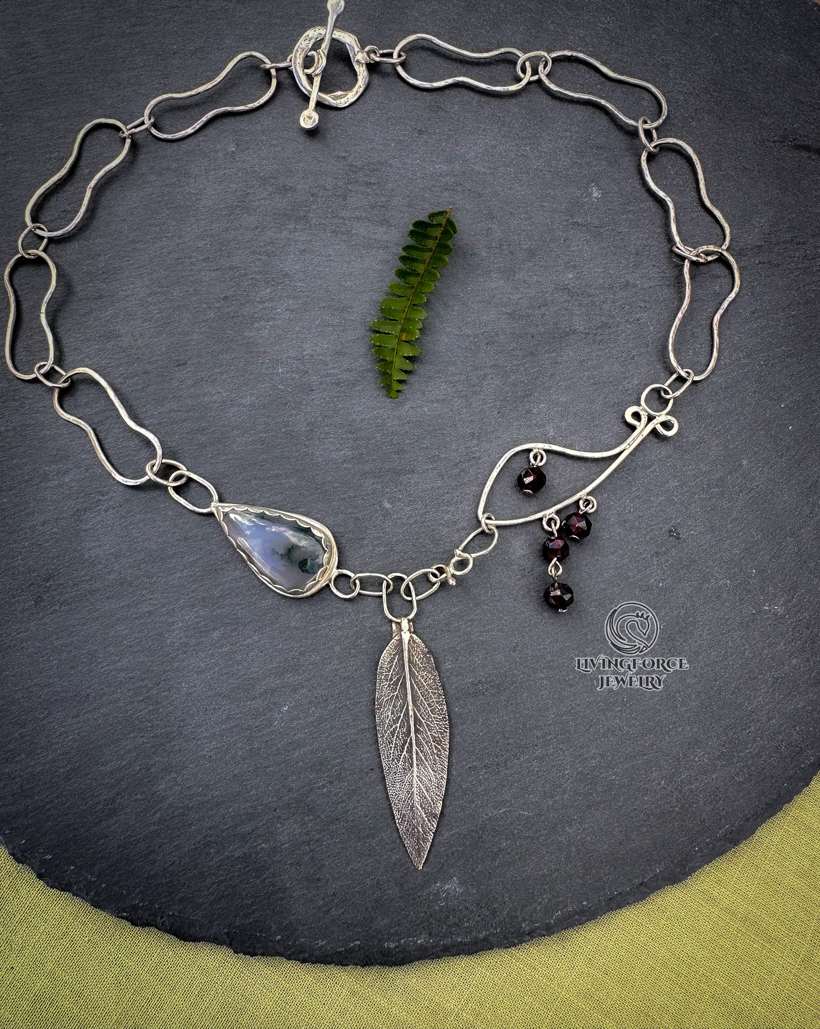 Liora Talisman, Sage Necklace, Moss agate in Silver