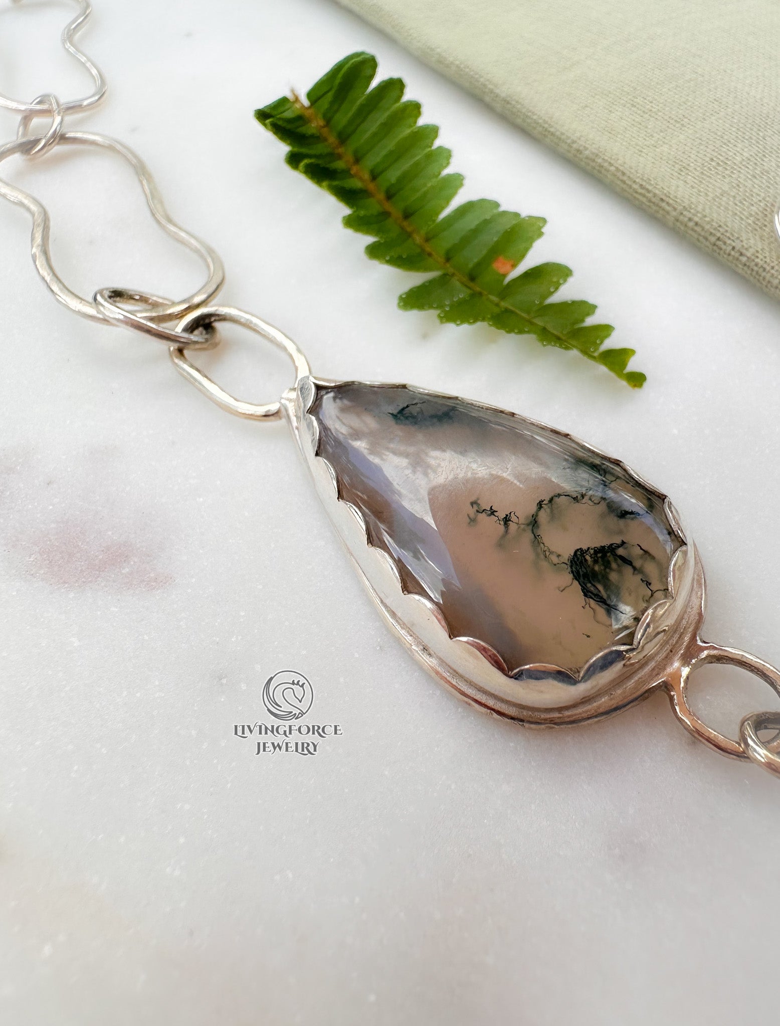 Liora Talisman, Sage Necklace, Moss agate in Silver