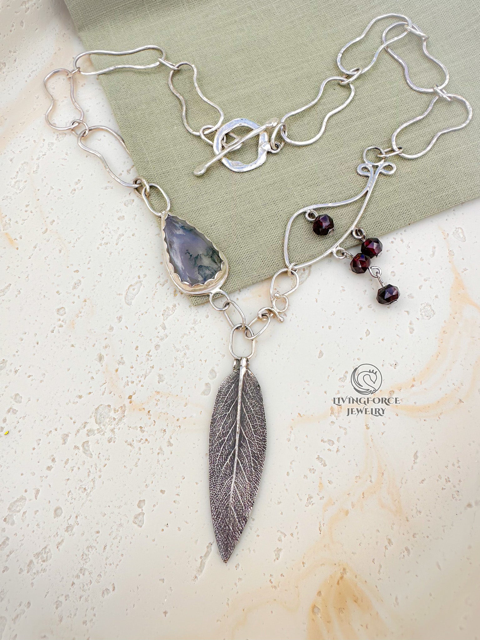 Liora Talisman, Sage Necklace, Moss agate in Silver