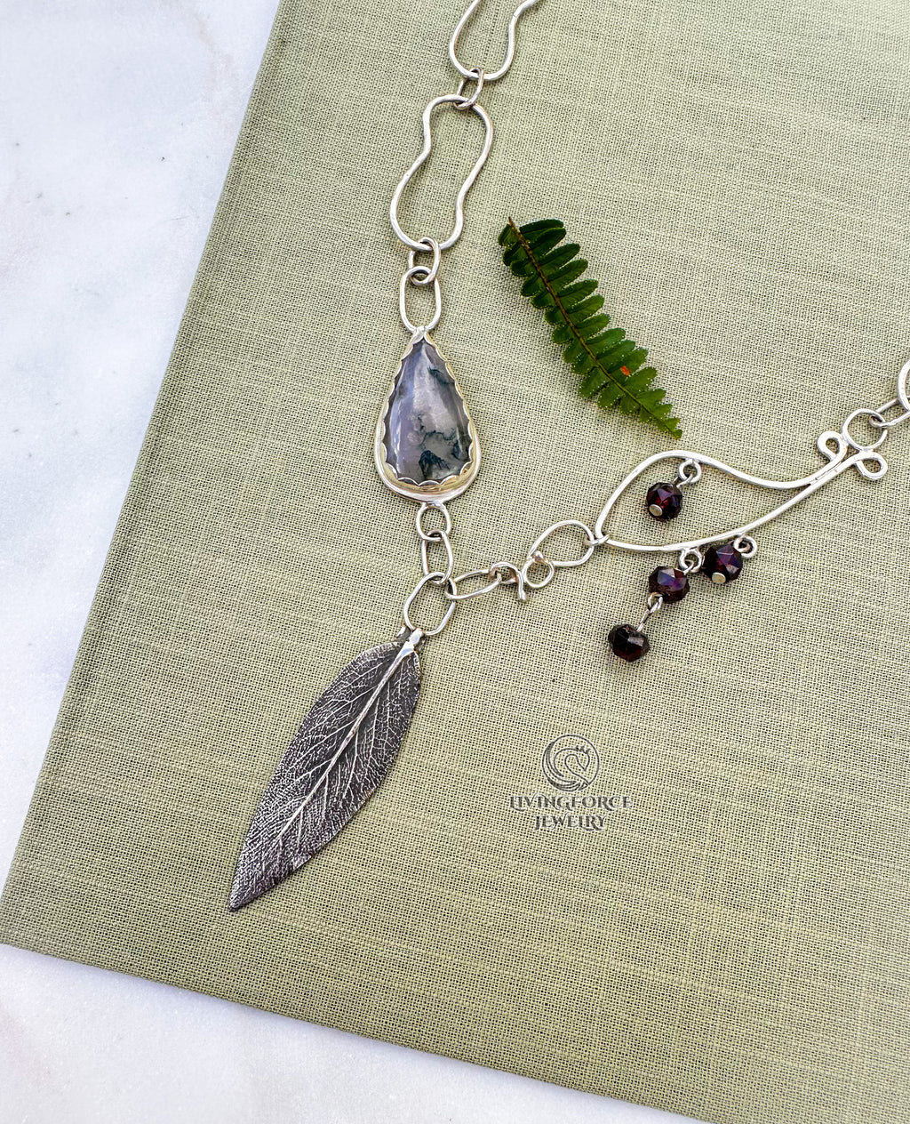 Liora Talisman, Sage Necklace, Moss agate in Silver