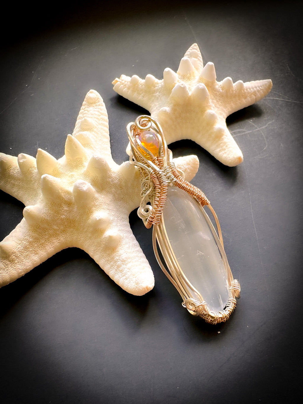 Earendel Reiki Talisman, Selenite & Welo Opal Pendant