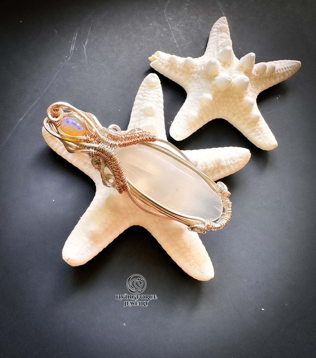 Earendel Reiki Talisman, Selenite & Welo Opal Pendant