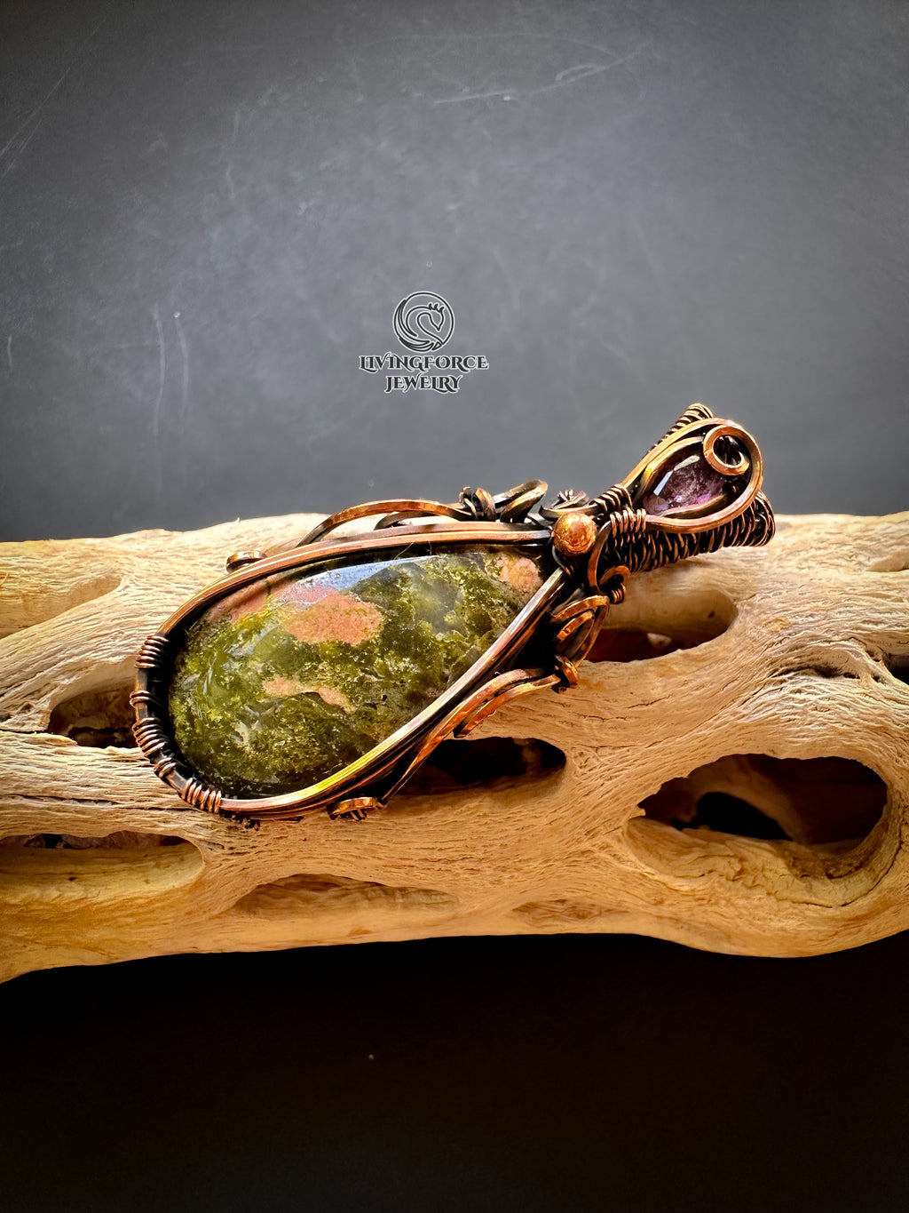 Myrtle Talisman, Unakite Pink Tourmaline Pendanr