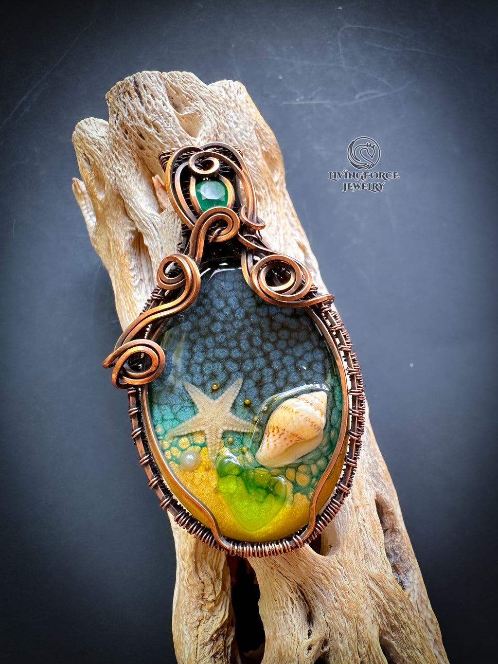 Deniz Talisman, Epoxy Resin & Green Onyx Pendant