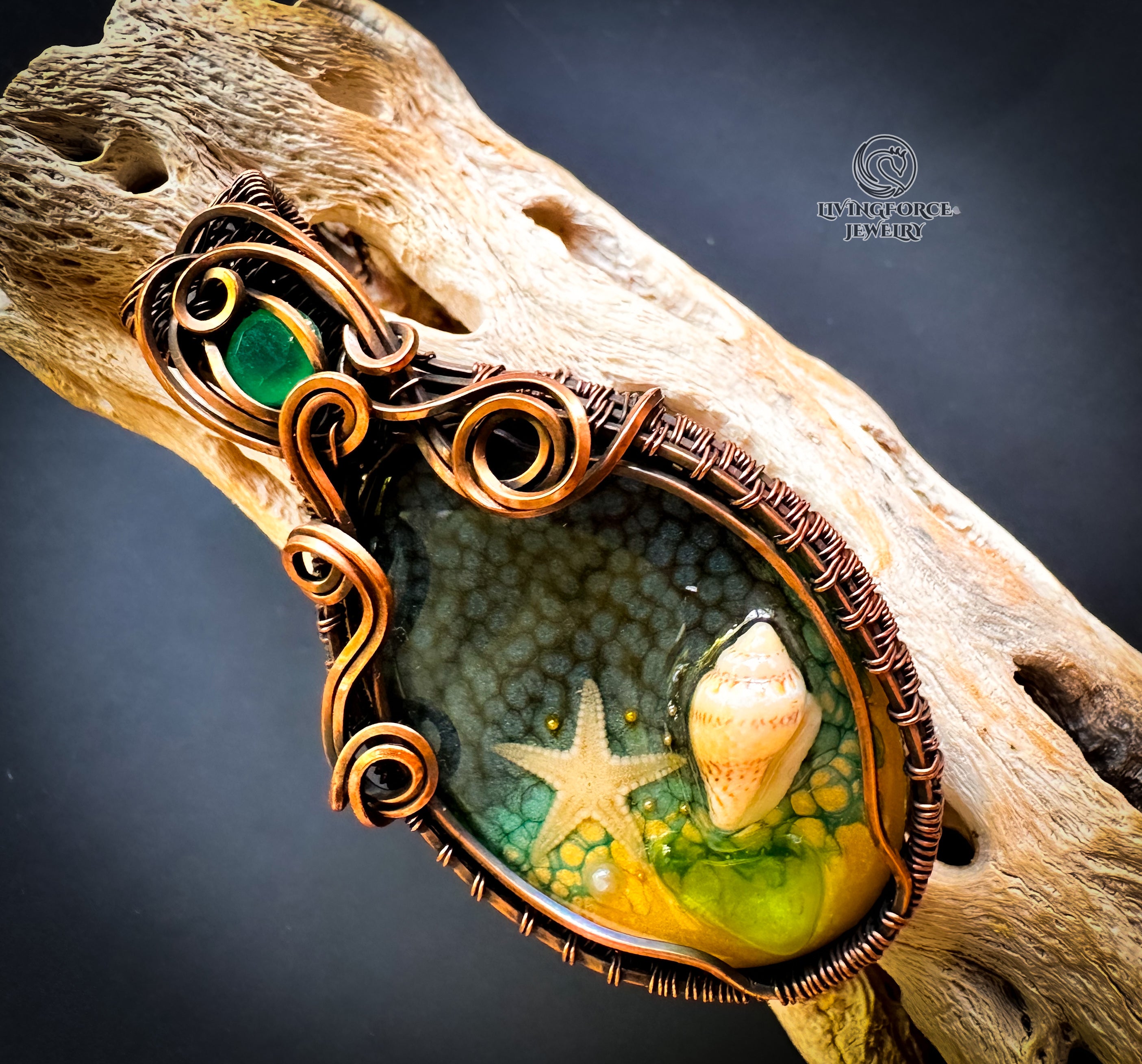 Deniz Talisman, Epoxy Resin & Green Onyx Pendant