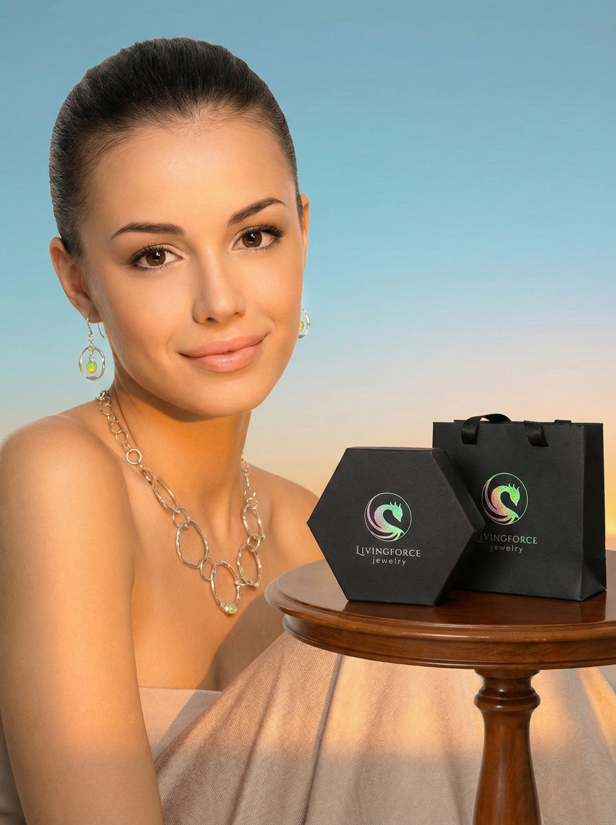 A woman wearing jewelry with Livingforce Jewellery packaging on a table