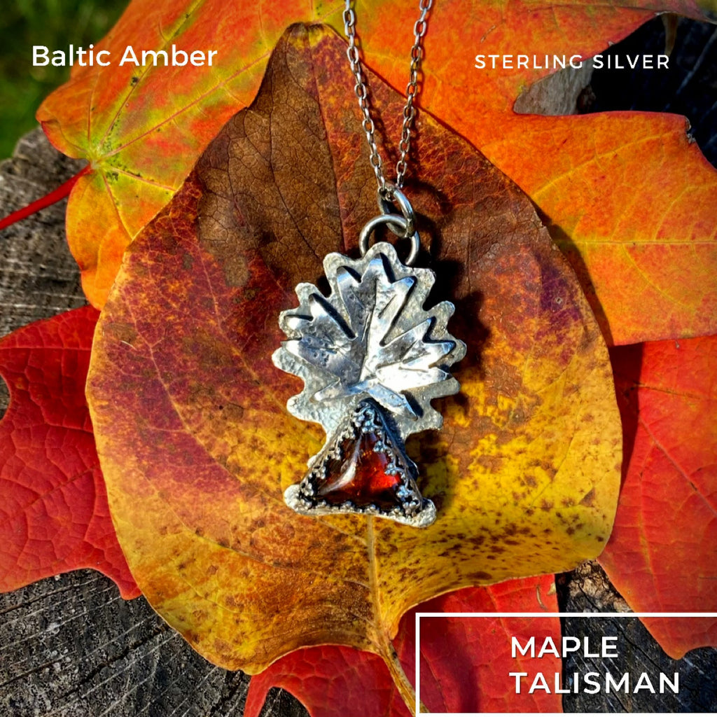 Maple Talisman, Amber in Sterling Silver Pendant